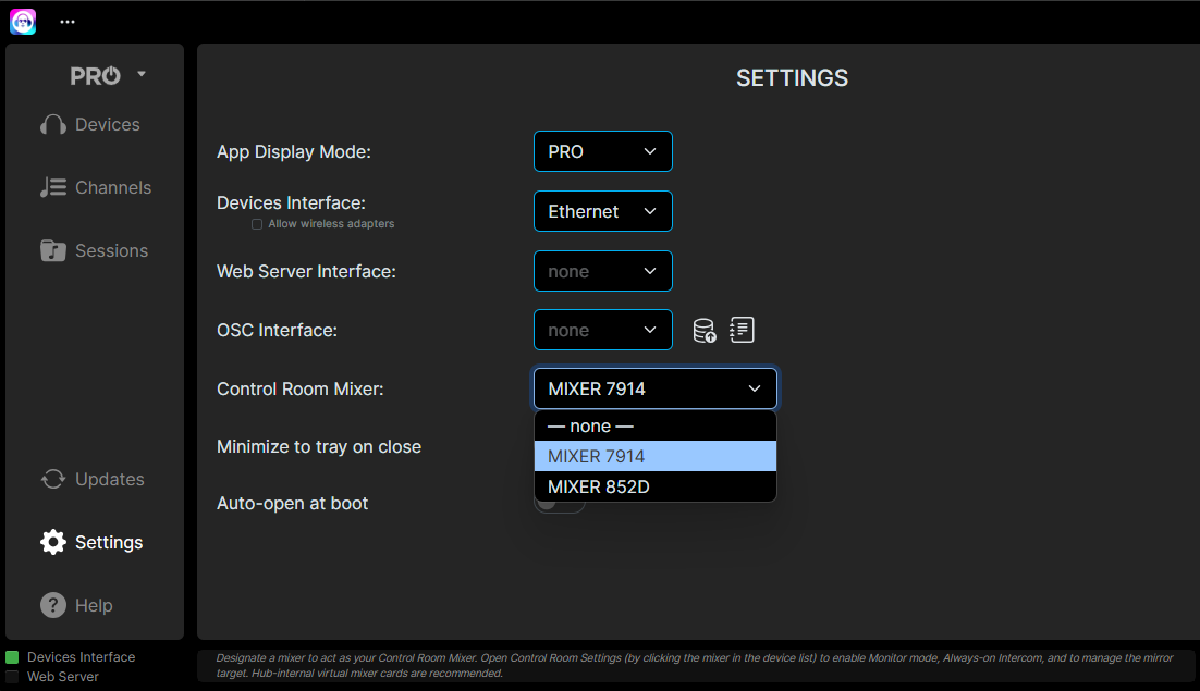 Control Room designation in Settings page